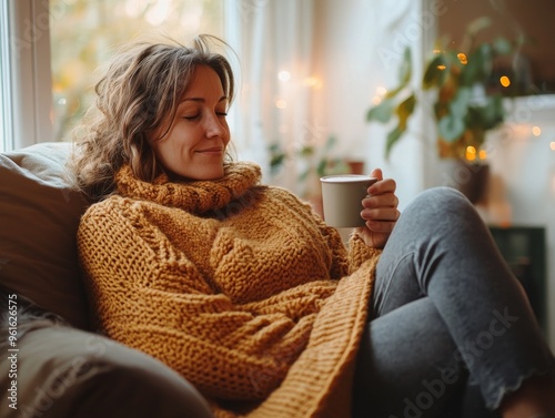 woman in sweater with a cup of tea in a cozy home environment in autumn weather relax, relax, photo