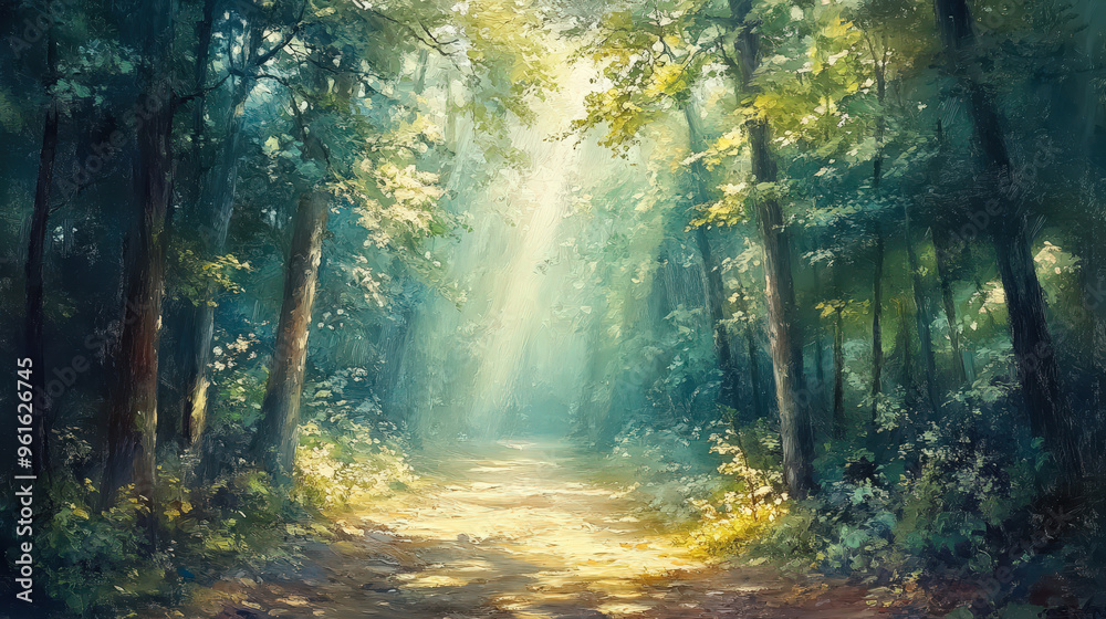 Obraz premium Misty morning sunlight filters through the autumn woods, illuminating the path with golden rays