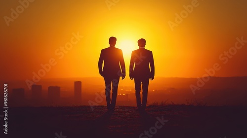 Two figures walking toward setting sun, silhouetted against golden sky. Represents unity, journey, or partnership in business or life. Urban skyline visible in distance. 