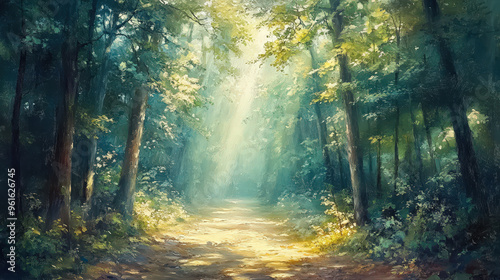 Misty morning sunlight filters through the autumn woods, illuminating the path with golden rays