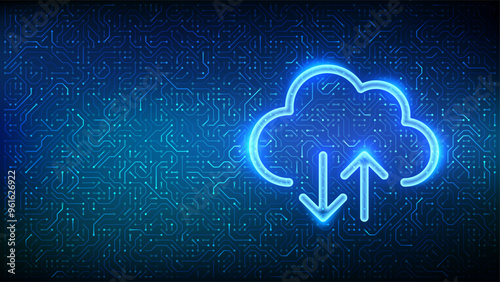 Cloud icon. Secure Cloud Storage. Cloud computing service. Database storage, Data center. Transfer data. Upload download app. Circuit board pattern. PCB printed circuit texture. Vector illustration.