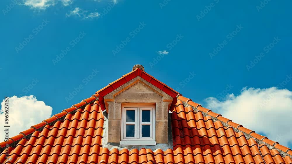 Red tiled roof with dormer window against blue sky. Architecture and housing concept Red tiled roof with dormer window against blue sky. Architecture and housing concept