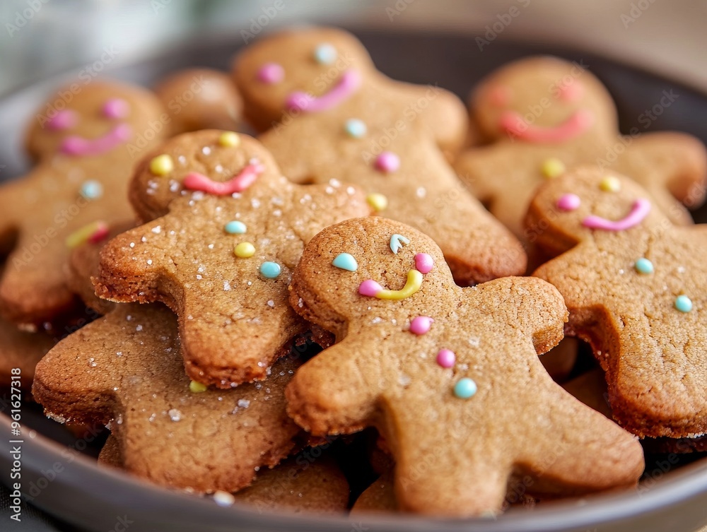 Ginger cookies in the shape of people painted with icing on a plate, photo, top view. For design and decoration of article, post about cooking, baking, recipes, celebration, customs, lifestyle Ginger cookies in the shape of people painted with icing on a plate, photo, top view. For design and decoration of article, post about cooking, baking, recipes, celebration, customs, lifestyle