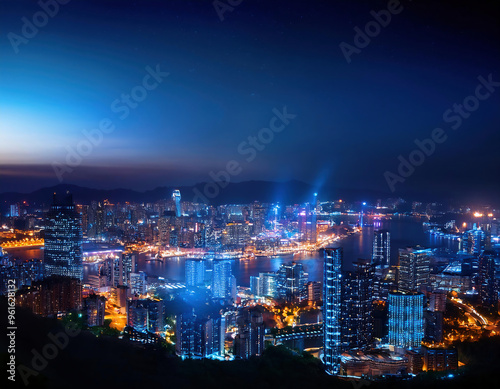 A modern cityscape with night lights at night