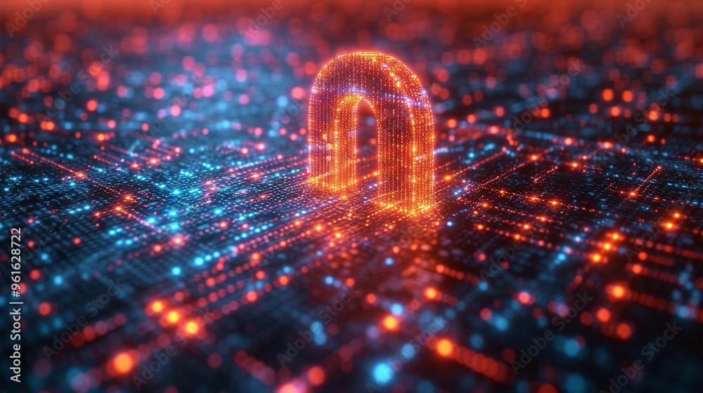 Digital padlock glowing in a network of data connections on a dark background Digital padlock glowing in a network of data connections on a dark background