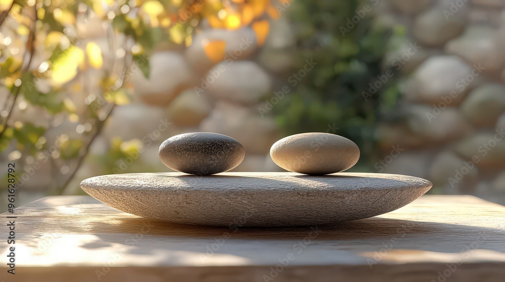 Two smooth stones balanced on a shallow dish in a serene outdoor setting, symbolizing harmony, balance, and mindfulness. Two smooth stones balanced on a shallow dish in a serene outdoor setting, symbolizing harmony, balance, and mindfulness.