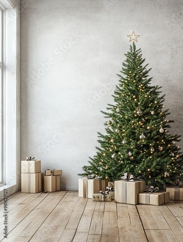 New Year tree with gifts on background of white wall in living room with free space for text. 3D. photo. Interior.