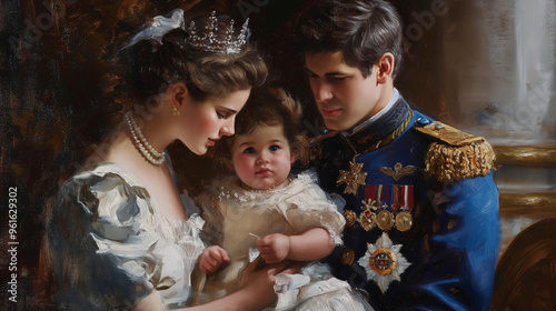 oil painting of the royal family, queen and king with their son in white dress uniform  photo