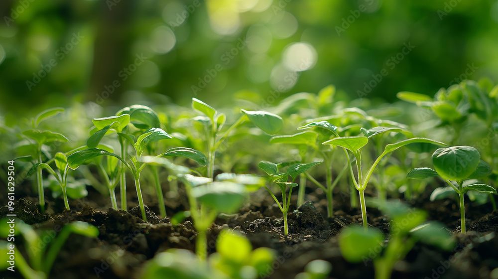 Vibrant green plants sprouting from rich soil, symbolizing growth and sustainability in nature's underground vegetation with a bokeh background. Vibrant green plants sprouting from rich soil, symbolizing growth and sustainability in nature's underground vegetation with a bokeh background.