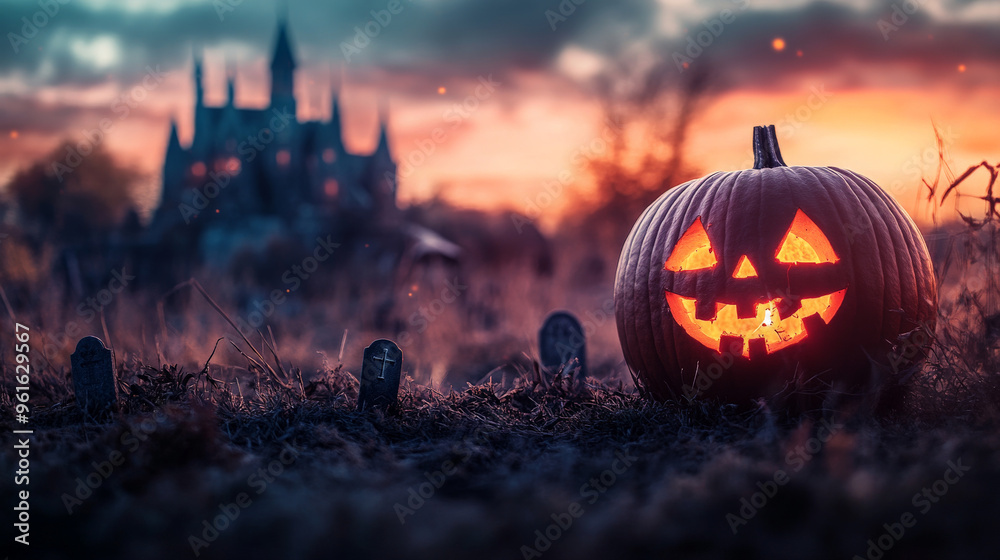 Halloween Scene: Pumpkin, Dark Castle, and Spooky Graveyard
Halloween Scene: Pumpkin, Dark Castle, and Spooky Graveyard