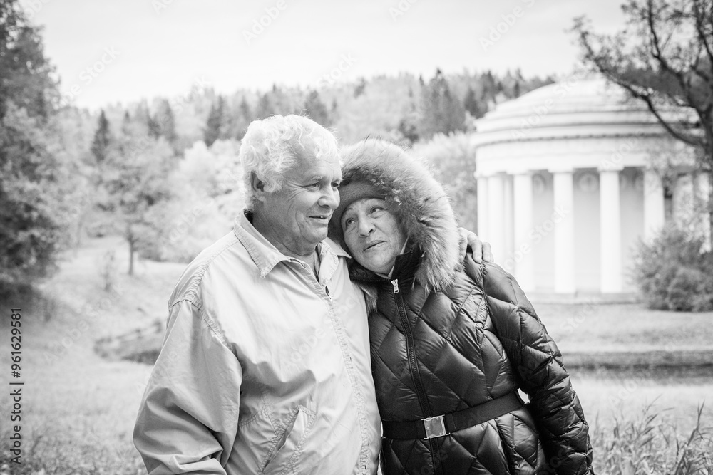 Black and white portrait of happy old man and senior woman Black and white portrait of happy old man and senior woman