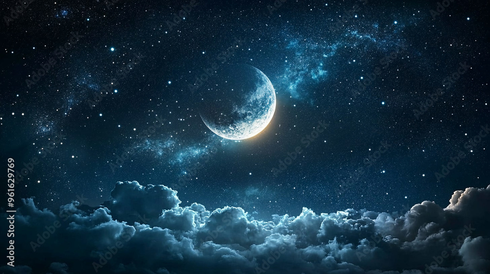 Fototapeta premium Beautiful abstract space background with clouds, stars and moon