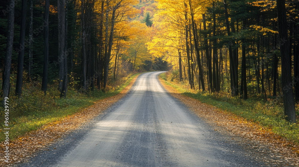Obraz premium Peaceful tree-lined road in the autumnal forests of Vermont, USA.