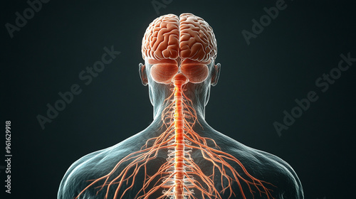 A detailed illustration of the human brain and spinal cord, showcasing anatomical structures and neural pathways in vibrant colors.