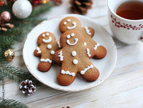 ginger cookies in the shape of little men painted with icing on a plate on a table with a Christmas tree branch.