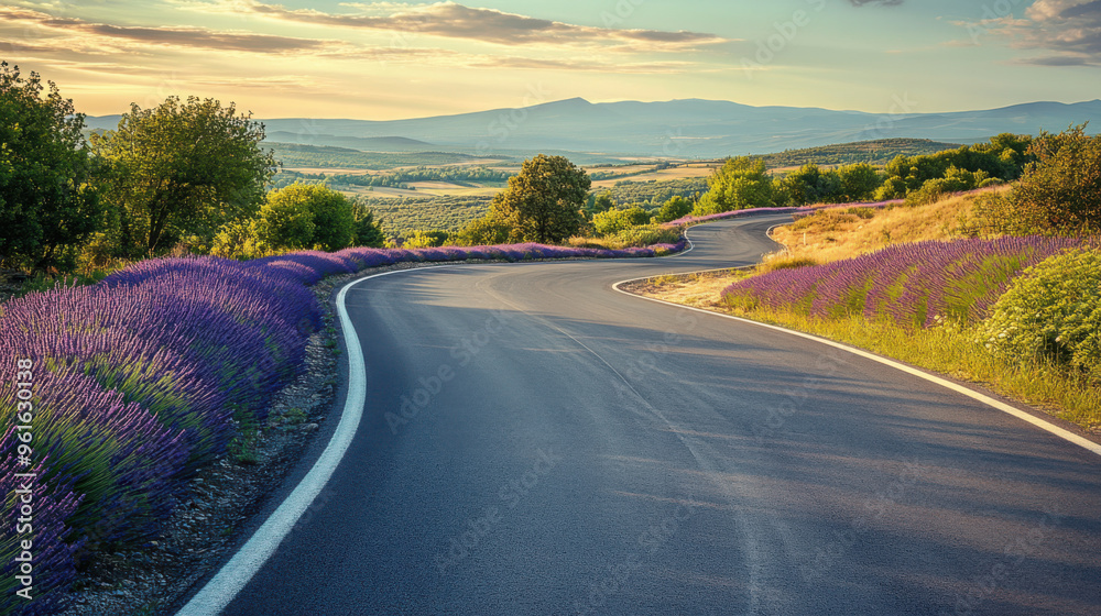 Fototapeta premium Picturesque road winding through the lavender fields of Provence, France.