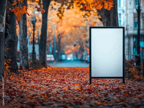 Fototapeta Naklejka Na Ścianę i Meble -  Billboard, banner free, clear, white with fall leaves on a street in the city