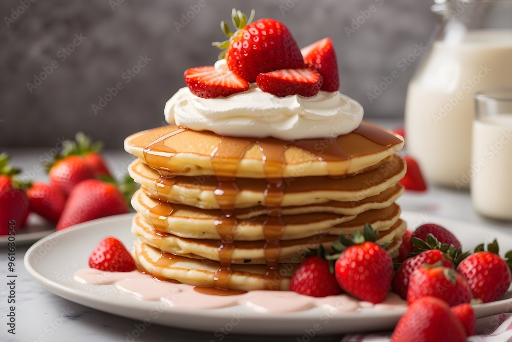 Stack of pancakes with fresh berries, close-up.
Stack of pancakes with fresh berries, close-up.