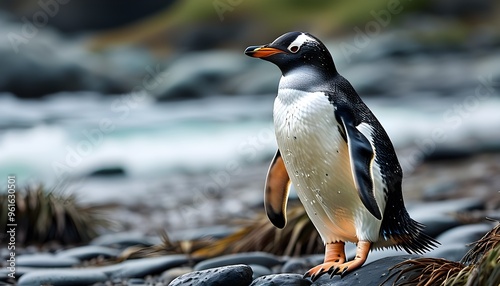 Rockhopper penguin perched gracefully on rocky shores of Falkland Islands photo