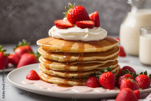 Stack of pancakes with fresh berries, close-up. 