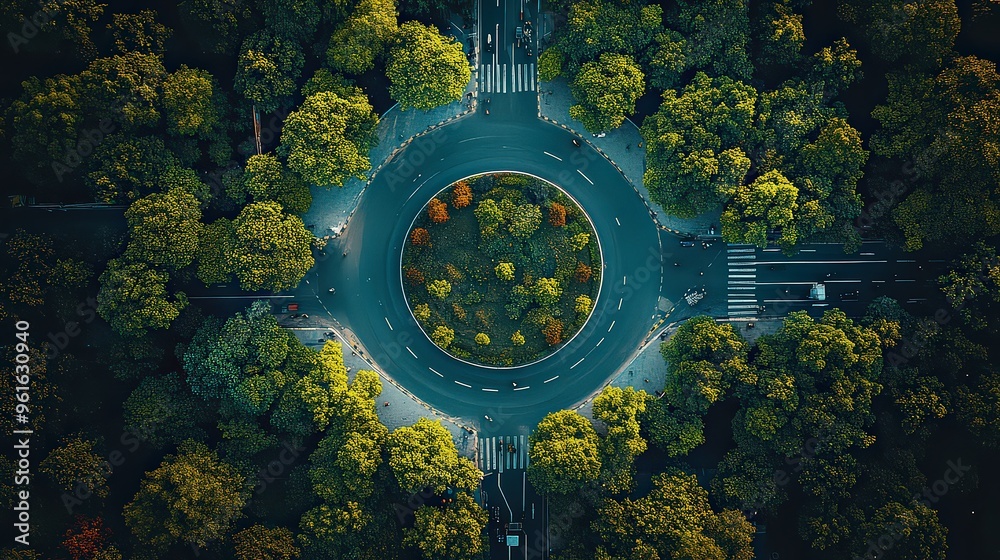 aerial view of a circular roundabout surrounded by lush trees, showing ...