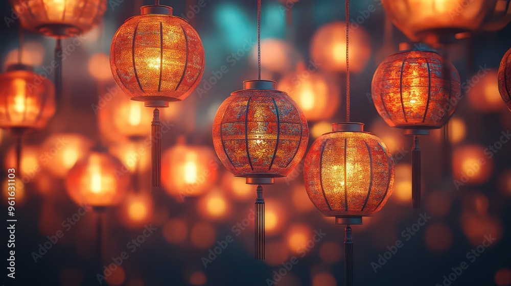 Glowing red lanterns hanging in celebration, symbolizing cultural festivities, warmth, and tradition during festivals. Glowing red lanterns hanging in celebration, symbolizing cultural festivities, warmth, and tradition during festivals.