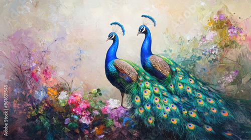 Proud peacocks displaying their feathers in a zoo enclosure with a pastel background.