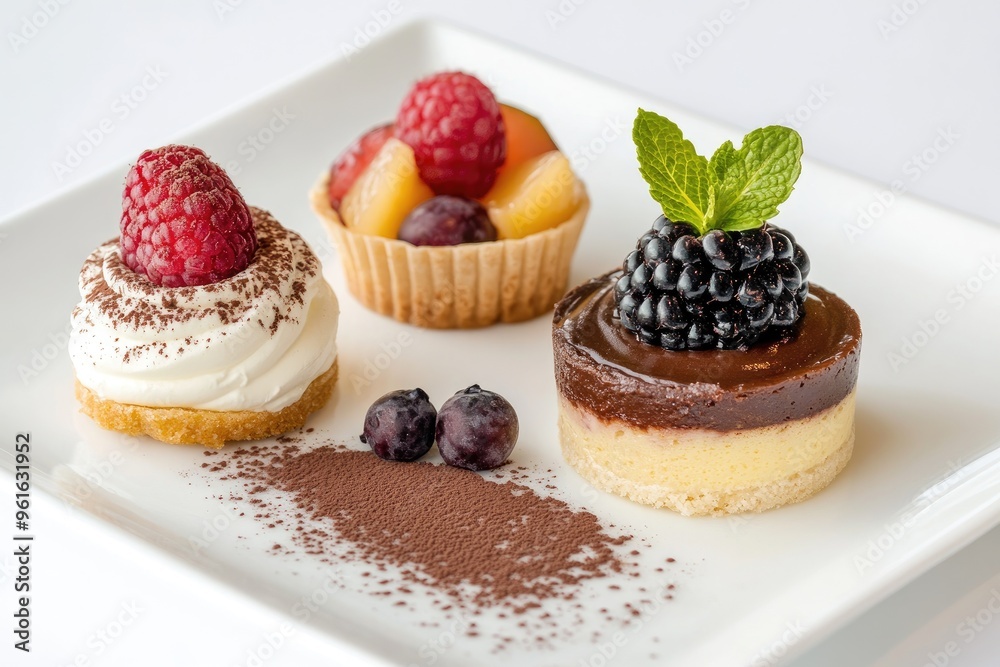 A gourmet platter featuring a trio of desserts a mini tiramisu, a fruit tart, and a chocolate mousse cup A gourmet platter featuring a trio of desserts a mini tiramisu, a fruit tart, and a chocolate mousse cup