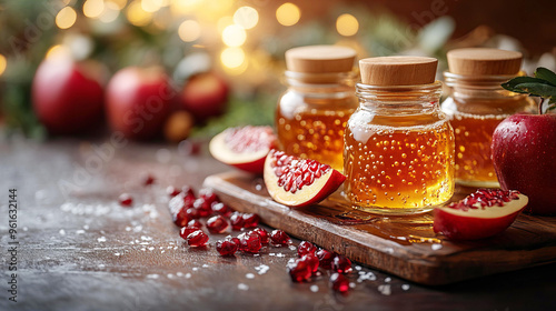 A cozy arrangement of honey jars and fresh fruits on a wooden table during autumn