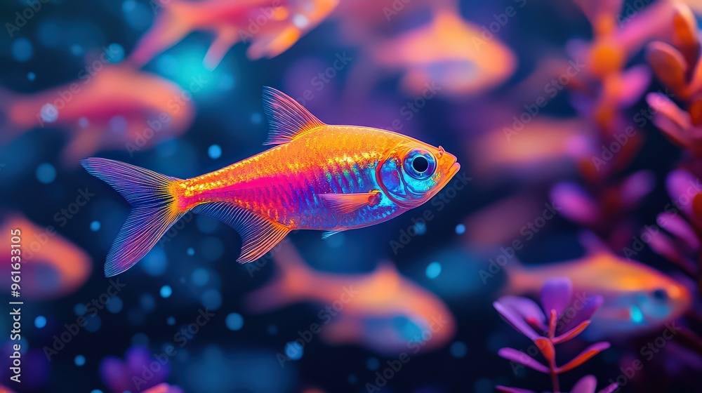 Fototapeta premium Bright, neon-colored fish swimming among vibrant aquatic plants in a dreamlike underwater scene. Captures beauty and diversity of tropical fish in their habitat.