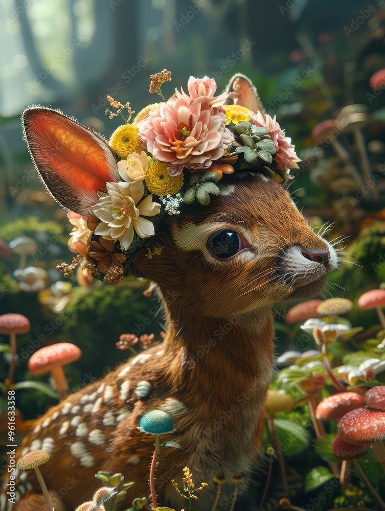 Obraz premium A charming fawn adorned with a floral crown amidst colorful mushrooms in a lush forest setting.