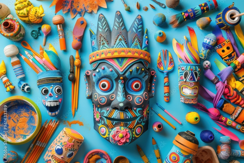 Fototapeta premium Handcrafted masks and vibrant decor for Maslenitsa at our craft station