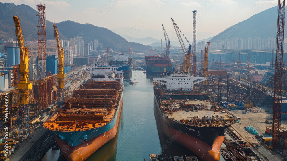 Obraz premium Shipbuilding yard in South Korea, with massive vessels under construction.