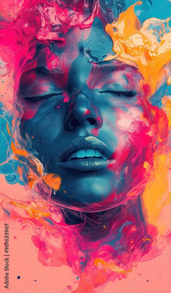 Vibrant portrait of a face immersed in dynamic colorful paint, exploring creativity and expression through vivid splashes of pink, blue, and orange Vibrant portrait of a face immersed in dynamic colorful paint, exploring creativity and expression through vivid splashes of pink, blue, and orange