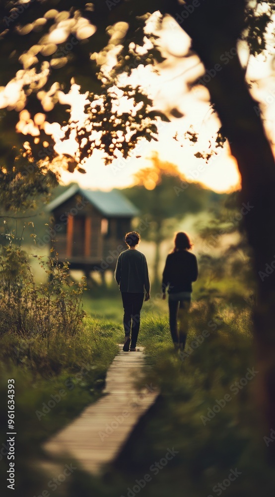 Obraz premium Two people walking along a wooden path towards treehouse