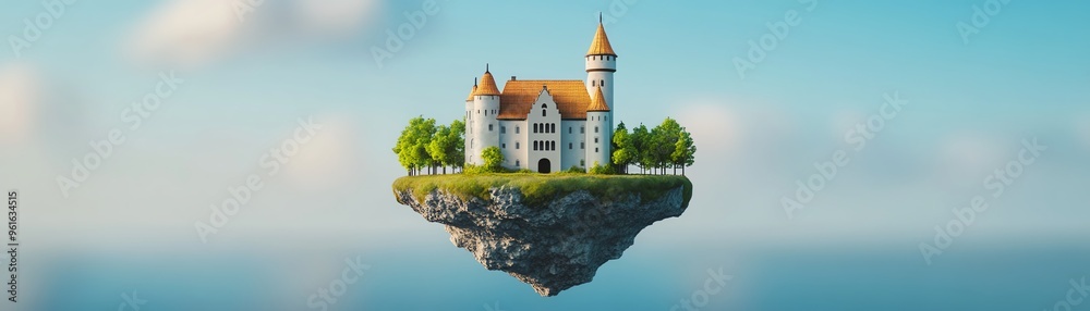 A whimsical fantasy castle floating on a green island, surrounded by blue sky and soft clouds, perfect for dreamlike settings. A whimsical fantasy castle floating on a green island, surrounded by blue sky and soft clouds, perfect for dreamlike settings.
