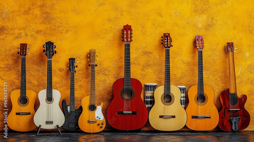 Fototapeta premium Collection of colorful musical instruments against a vibrant backdrop in a studio setting
