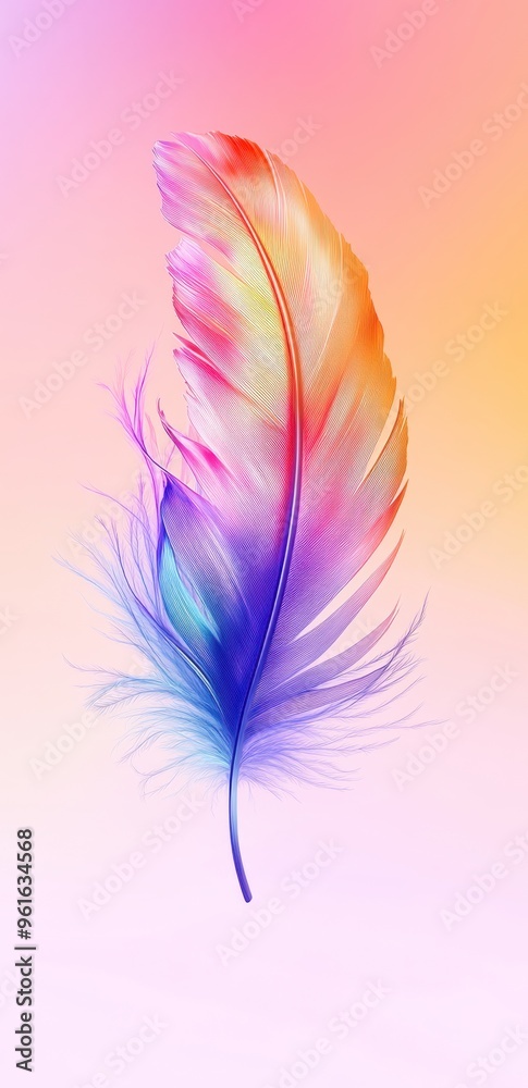 Colorful feather with soft edges against a vibrant gradient background representing elegance and lightness Colorful feather with soft edges against a vibrant gradient background representing elegance and lightness