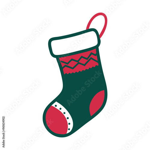 Christmas stocking with decorative patterns in a festive cartoon illustration on a white background
