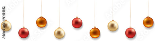 Christmas golden and red balls with shadow on transparent background. Christmas toys. Luxurious hanging trinkets with ribbon. Festive glitter design elements. Vector illustration EPS 10