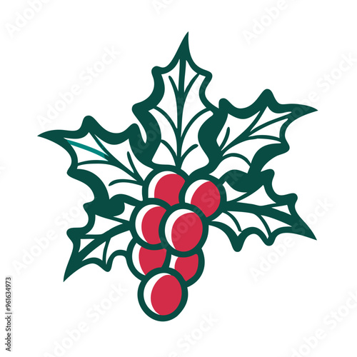 Holly leaves with red berries in a festive cartoon illustration on a white background
