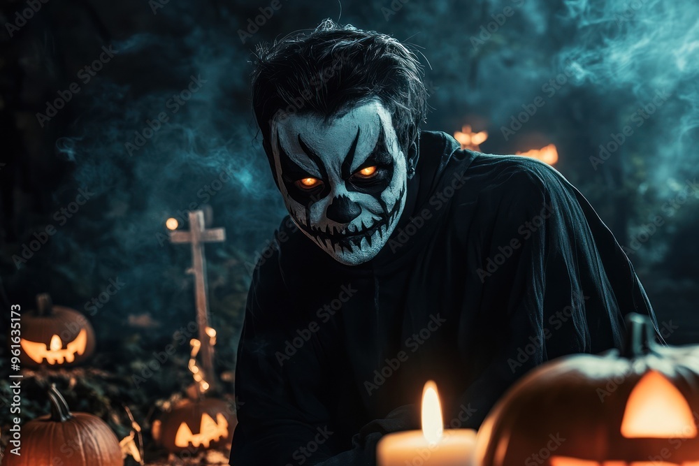 Mysterious cloaked figure with jack-o'-lanterns around