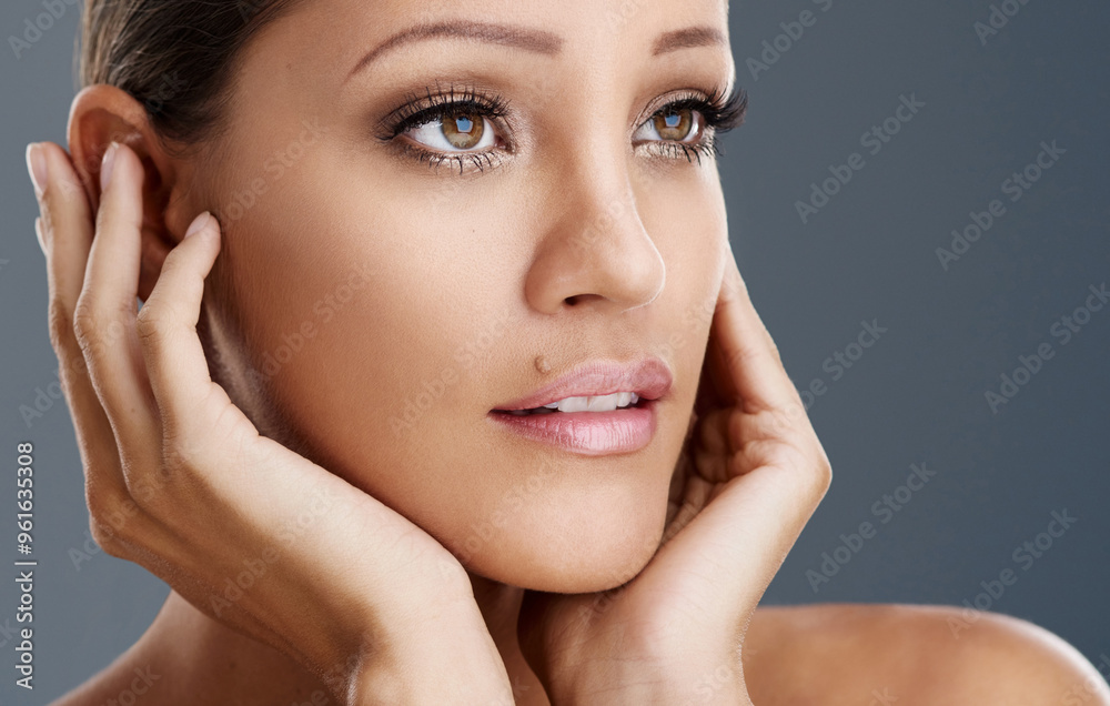 Woman, beauty and cosmetics with thinking in studio for results, wellness and memory by dark background. Person, model and reflection with skincare, benefits and change for aesthetic with glow Woman, beauty and cosmetics with thinking in studio for results, wellness and memory by dark background. Person, model and reflection with skincare, benefits and change for aesthetic with glow