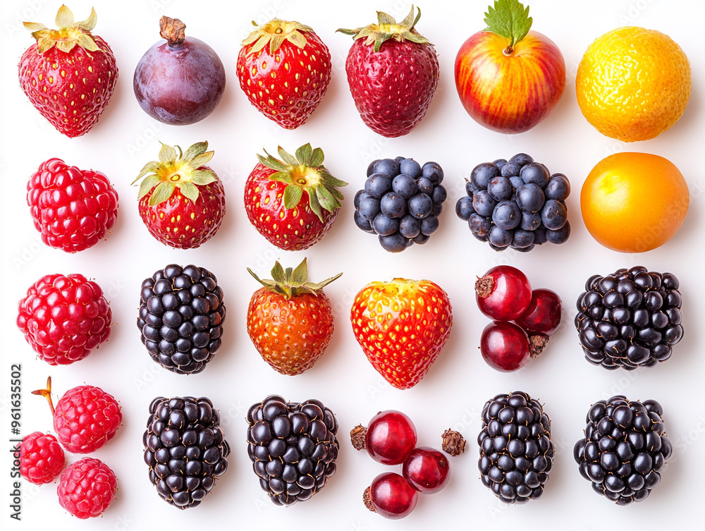 A vibrant assortment of fresh berries and fruit arranged on a white background, perfect for health and food-related themes. A vibrant assortment of fresh berries and fruit arranged on a white background, perfect for health and food-related themes.