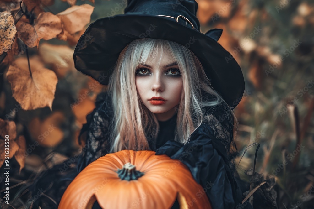 Young witch in autumn forest with a pumpkin head. Young witch in autumn forest with a pumpkin head.