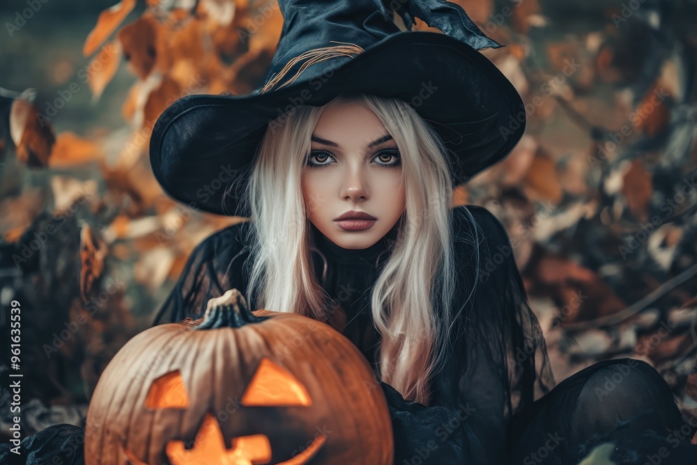 Elegant witch with pumpkin in enchanting autumn forest. Elegant witch with pumpkin in enchanting autumn forest.