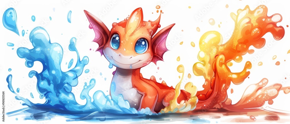 Fototapeta premium A depiction of an adorable orange and white feline with blue eyes and a water splash on its face