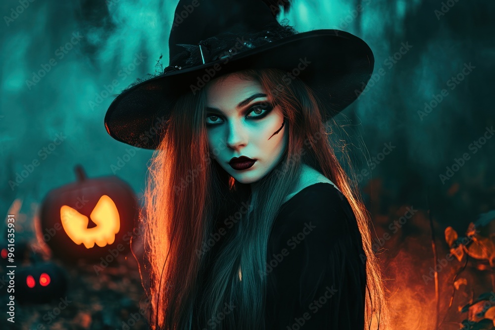 Witch in a dark forest with glowing jack-o'-lanterns Witch in a dark forest with glowing jack-o'-lanterns