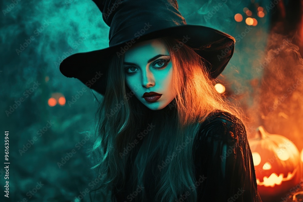 Witch in black attire in foggy forest with pumpkins Witch in black attire in foggy forest with pumpkins
