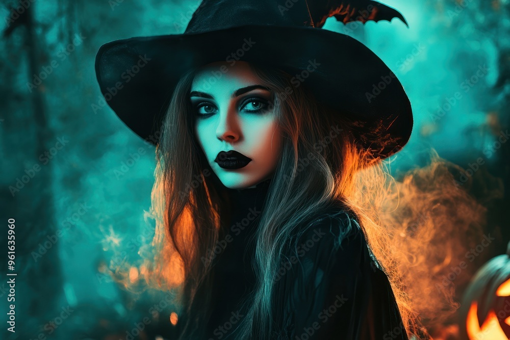 Gothic witch in misty forest with glowing pumpkins Gothic witch in misty forest with glowing pumpkins
